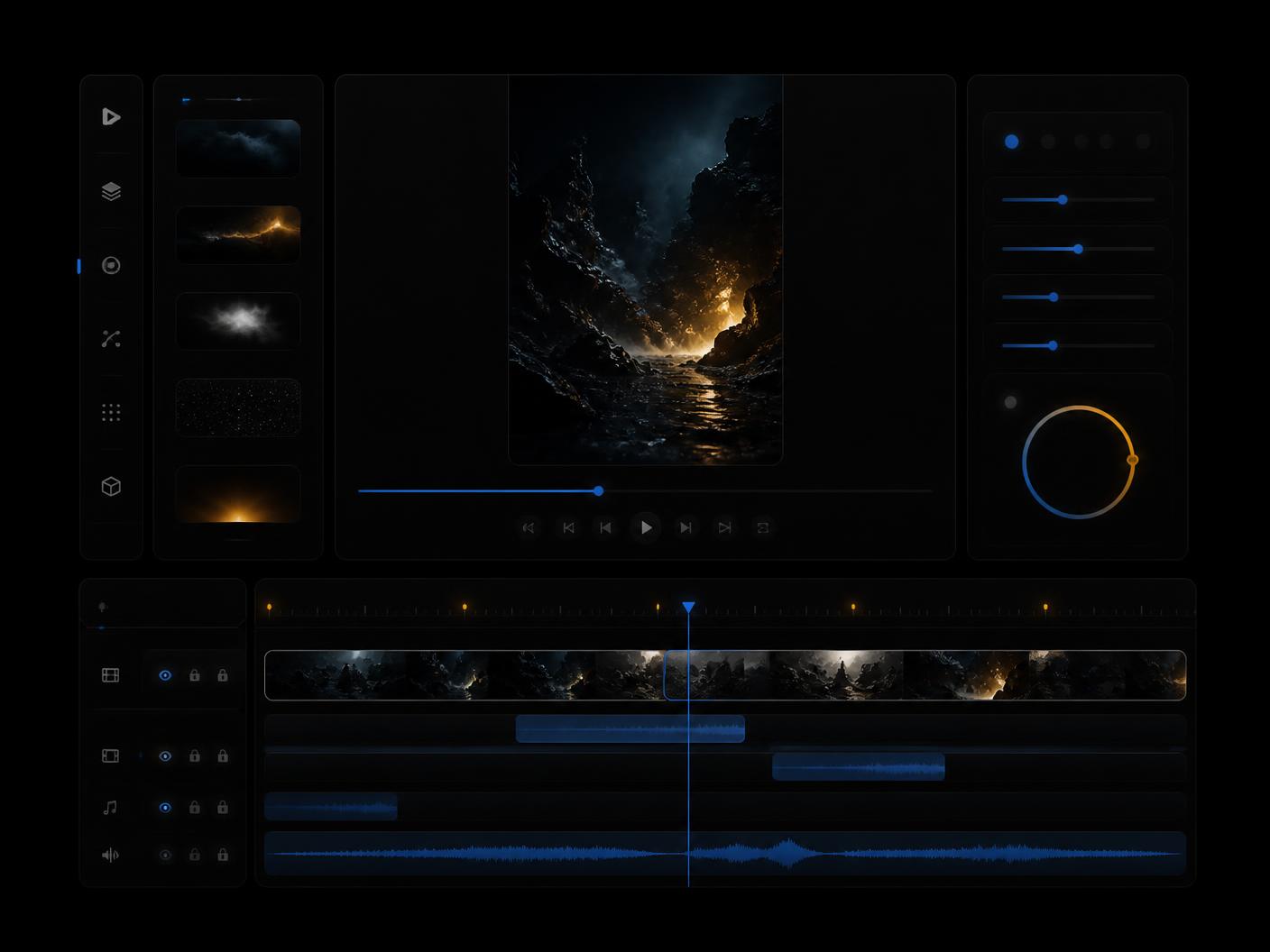 Dark video timeline interface showing a vertical promo clip being assembled
